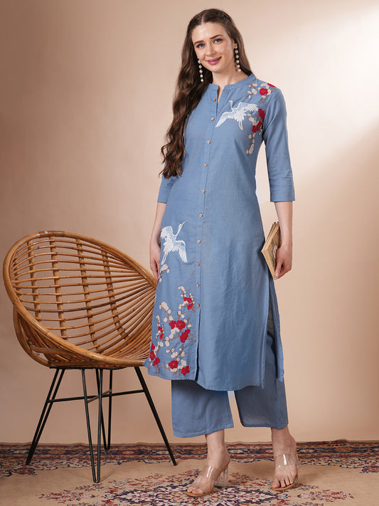 Solid Flora Threadwork Embroidered A-Line Co-ord Set - Blue