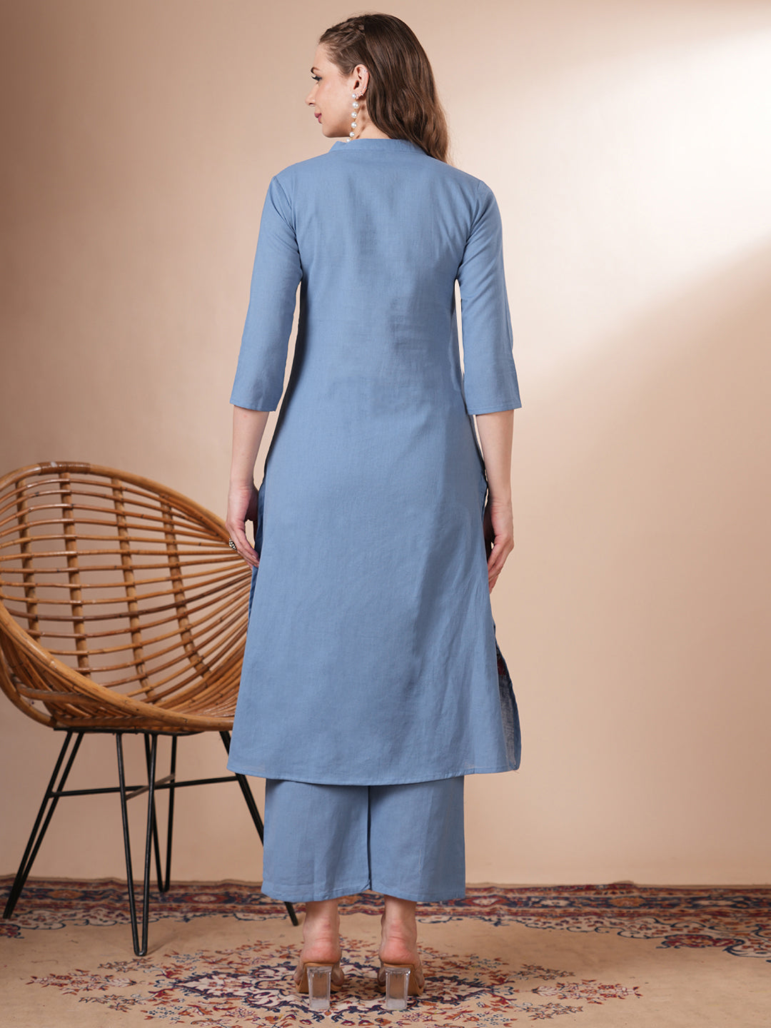 Solid Flora Threadwork Embroidered A-Line Co-ord Set - Blue