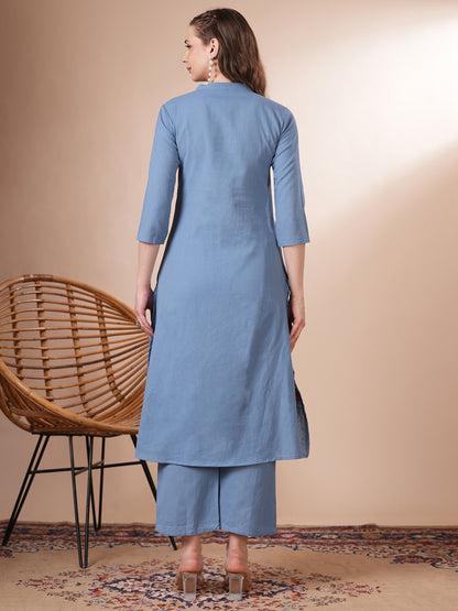 Solid Flora Threadwork Embroidered A-Line Co-ord Set - Blue