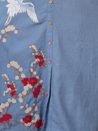 Solid Flora Threadwork Embroidered A-Line Co-ord Set - Blue