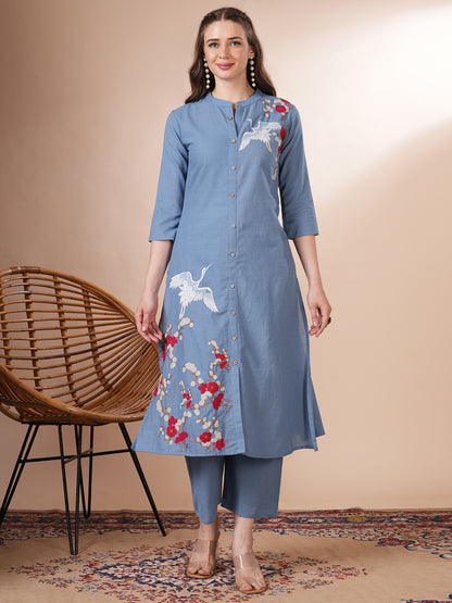 Solid Flora Threadwork Embroidered A-Line Co-ord Set - Blue