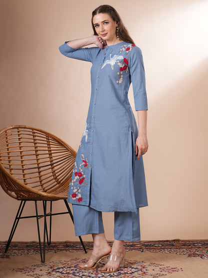 Solid Flora Threadwork Embroidered A-Line Co-ord Set - Blue