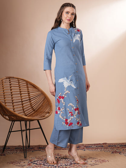 Solid Flora Threadwork Embroidered A-Line Co-ord Set - Blue