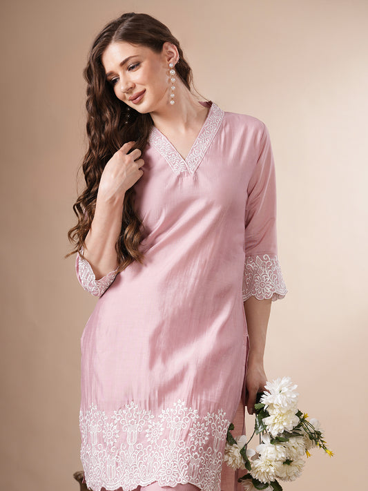 Solid Floral Embroidered Straight Fit Co-ord Set - Pink