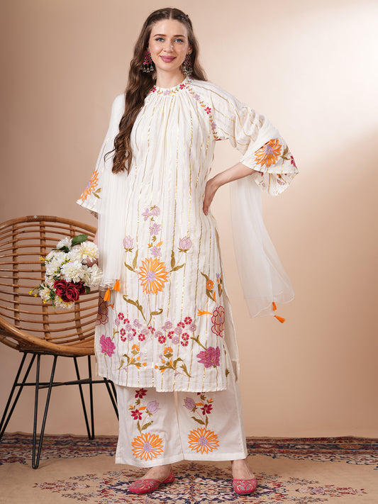 Floral Resham Embroidered & Lurex Striped Kurta with Palazzo & Dupatta - White
