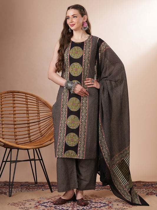 Ajrakh Printed & Embroidered Kurta with Palazzo & Dupatta - Black