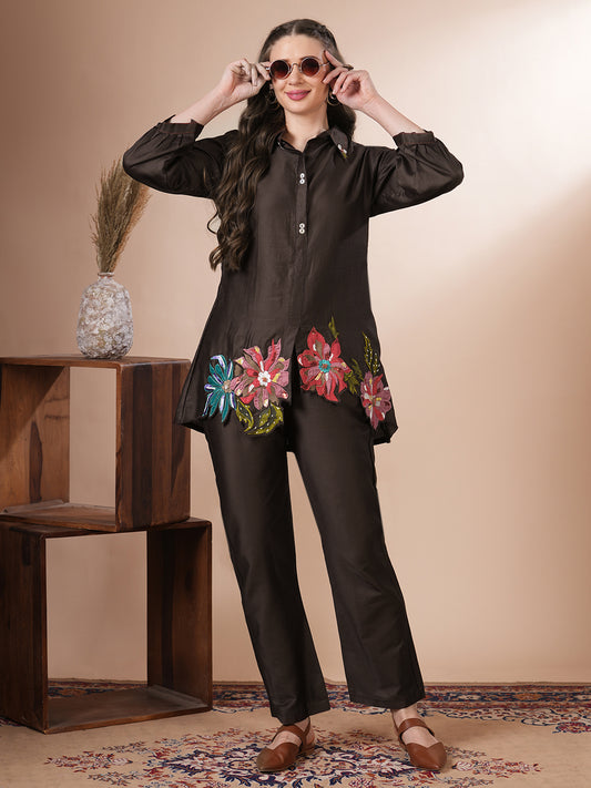 Solid Floral Patchwork Embroidered Straight Fit Co-ord Set - Brown