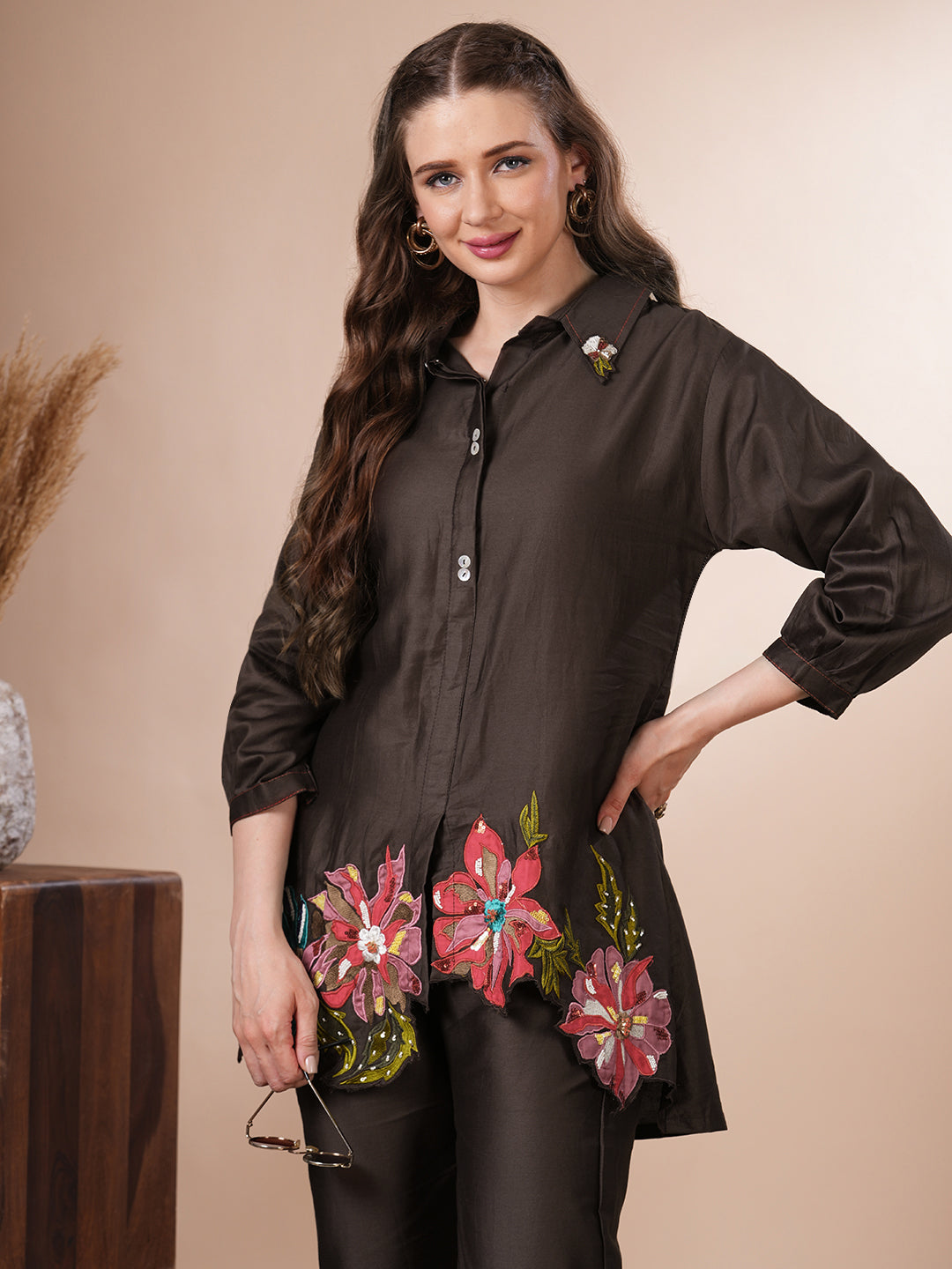 Solid Floral Patchwork Embroidered Straight Fit Co-ord Set - Brown