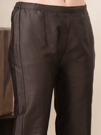 Solid Floral Patchwork Embroidered Straight Fit Co-ord Set - Brown