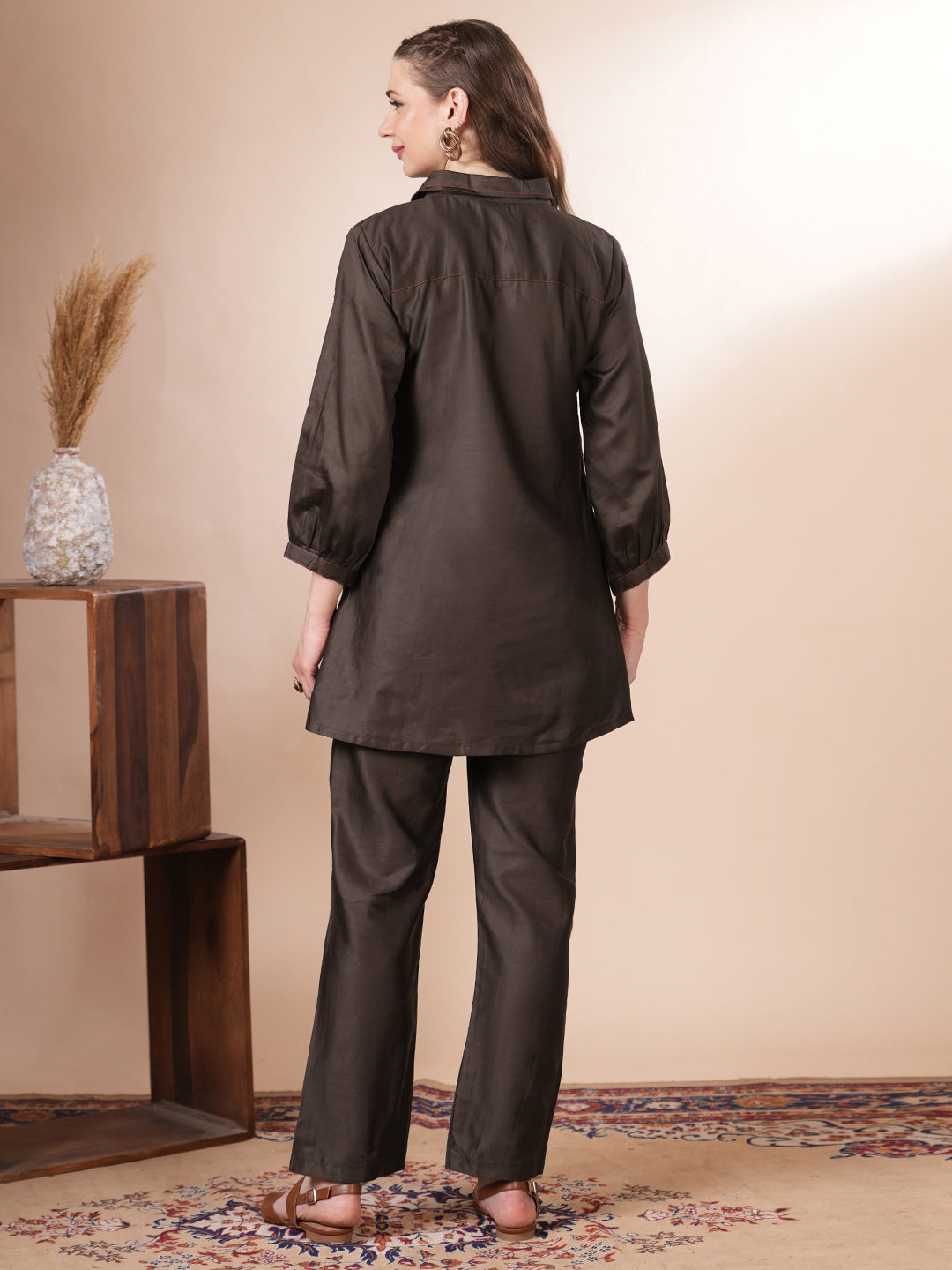 Solid Floral Patchwork Embroidered Straight Fit Co-ord Set - Brown