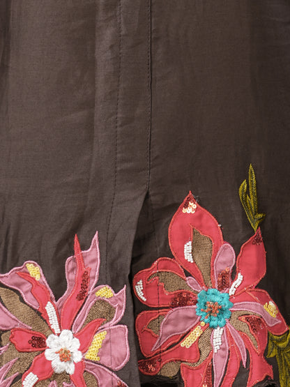 Solid Floral Patchwork Embroidered Straight Fit Co-ord Set - Brown