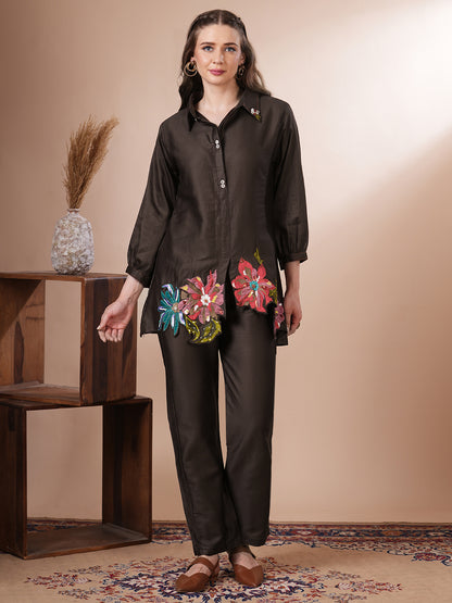 Solid Floral Patchwork Embroidered Straight Fit Co-ord Set - Brown