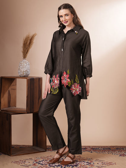 Solid Floral Patchwork Embroidered Straight Fit Co-ord Set - Brown