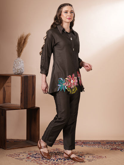Solid Floral Patchwork Embroidered Straight Fit Co-ord Set - Brown