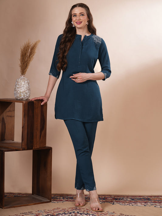 Solid Khari Abstract Printed Embroidered Straight Fit Co-ord Set - Teal Blue