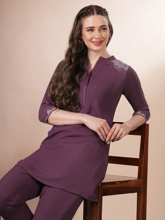 Solid Khari Abstract Printed Embroidered Straight Fit Co-ord Set - Burgundy