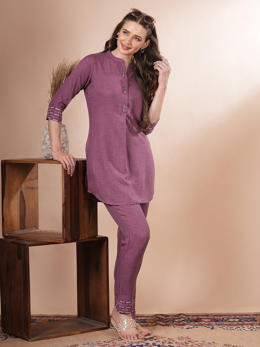 Solid A-Line Pleated Co-ord Set - Purple