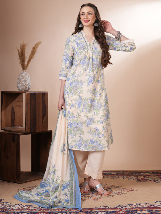 Floral Printed & Embroidered A-Line Paneled Kurta with Pant & Dupatta - Cream