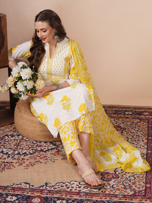 Floral Block printed Straight Fit Kurta with Pant & Dupatta - Off White