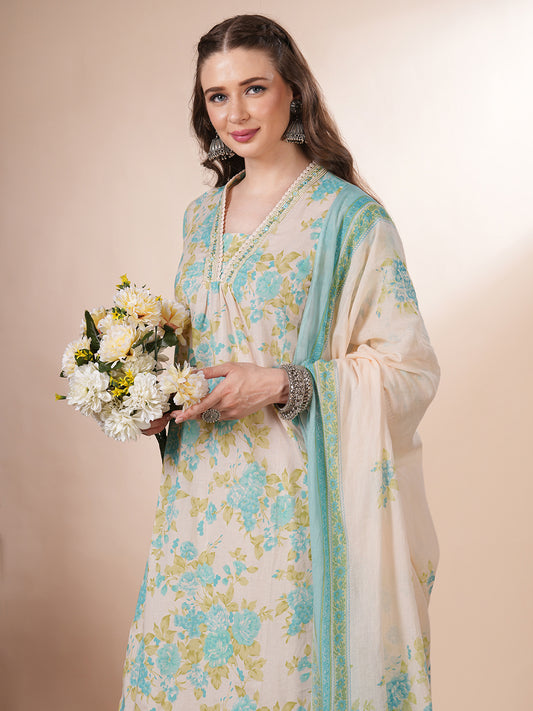Floral Printed & Embroidered A-Line Paneled Kurta with Pant & Dupatta - Cream