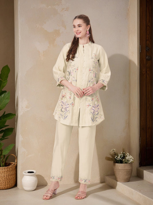 Solid Floral Embroidered Pin Tucked A-Line Co-ord Set - Cream