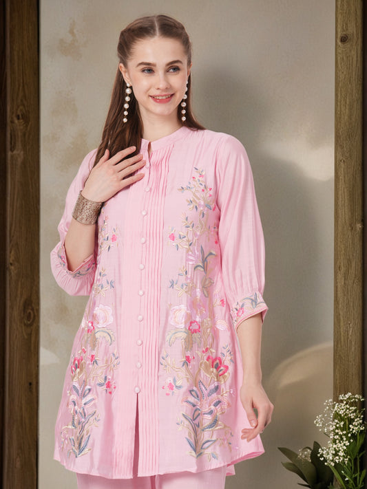 Solid Floral Embroidered Pin Tucked A-Line Co-ord Set - Pink