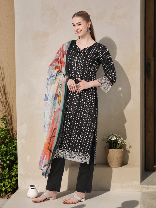 Geometric Printed Straight Fit Kurta with Pant & Printed Dupatta - Black
