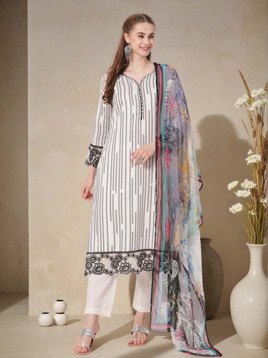 Geometric Printed Straight Fit Kurta with Pant & Printed Dupatta - Off White