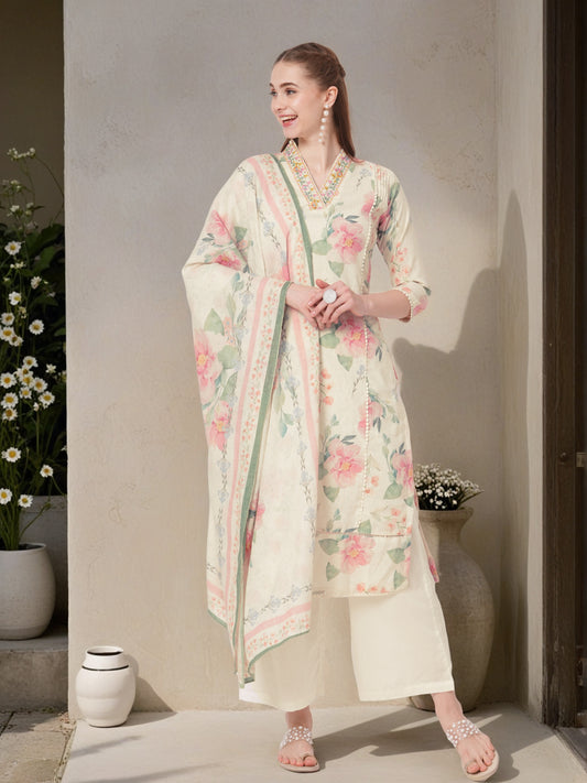 Floral Printed & Mirror Embroidered Straight Kurta with Pant & Dupatta - Off White