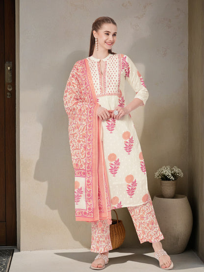 Floral Block printed Straight Fit Kurta with Pant & Dupatta - Off White