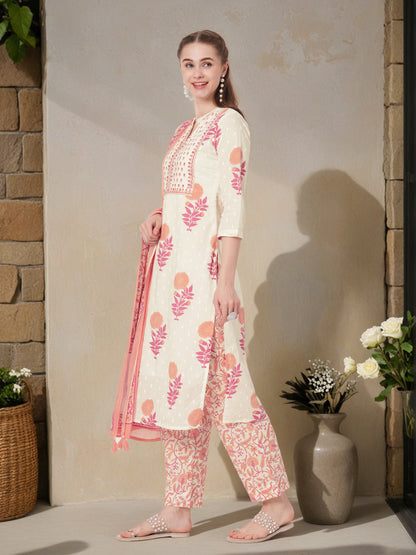 Floral Block printed Straight Fit Kurta with Pant & Dupatta - Off White