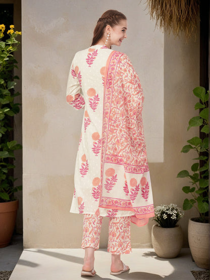 Floral Block printed Straight Fit Kurta with Pant & Dupatta - Off White