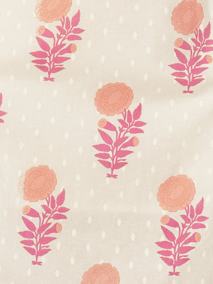 Floral Block printed Straight Fit Kurta with Pant & Dupatta - Off White