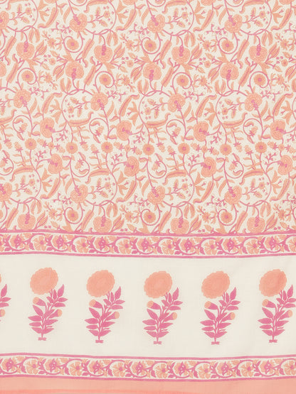 Floral Block printed Straight Fit Kurta with Pant & Dupatta - Off White