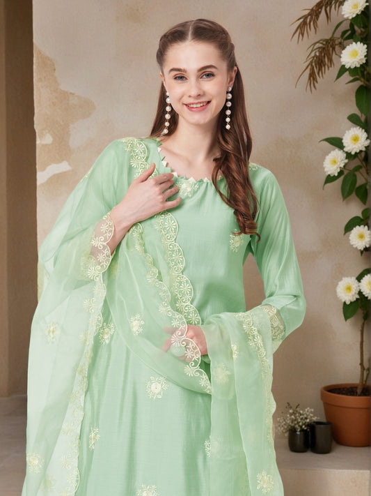 Solid Threadwork Embroidered Straight Kurta with Pant & Dupatta - Pista Green