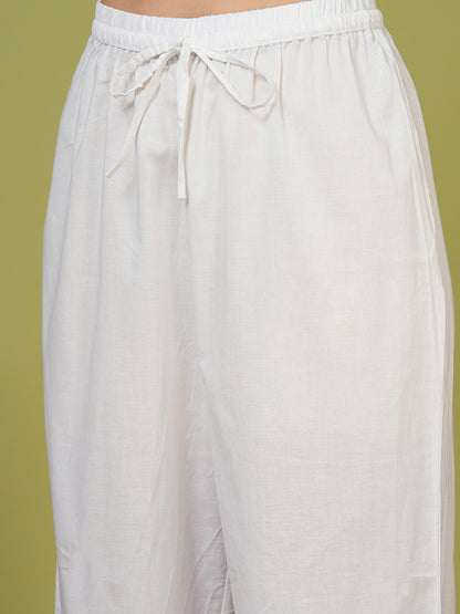 Solid Floral Patchwork Embroidered Straight Fit Kurta with Pant - White