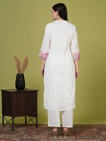 Solid Floral Patchwork Embroidered Straight Fit Kurta with Pant - White