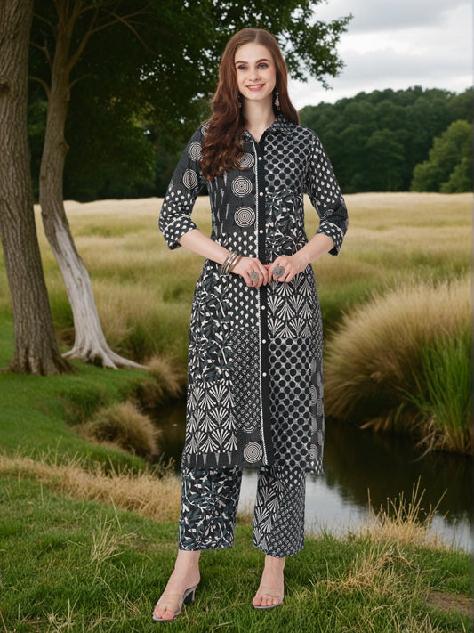 Abstract Geometric Printed Straight Fit Co-ord Set - Charcoal