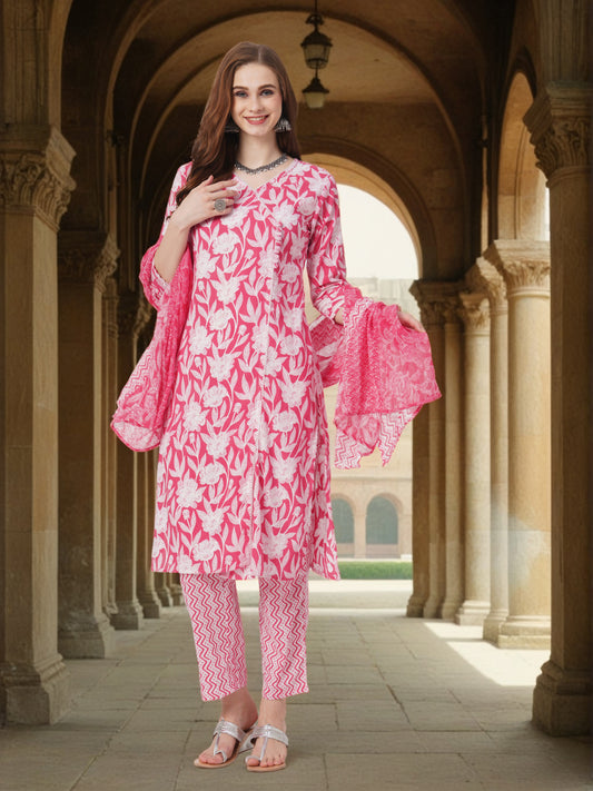 Ethnic Floral Printed Paneled Straight Kurta with Palazzo & Dupatta - Pink