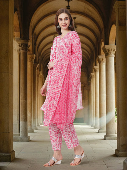 Ethnic Floral Printed Paneled Straight Kurta with Palazzo & Dupatta - Pink