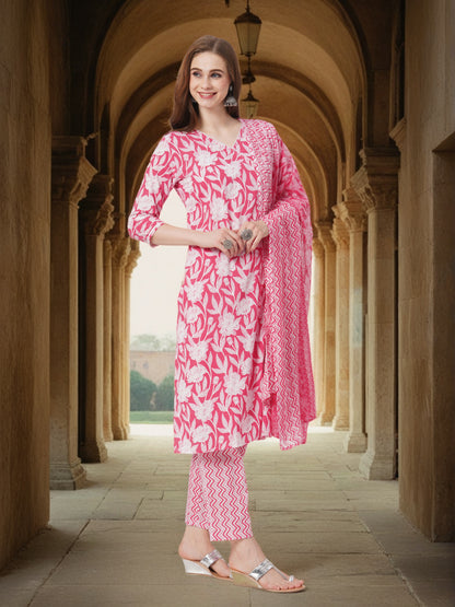 Ethnic Floral Printed Paneled Straight Kurta with Palazzo & Dupatta - Pink