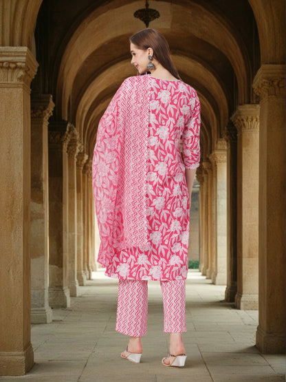 Ethnic Floral Printed Paneled Straight Kurta with Palazzo & Dupatta - Pink