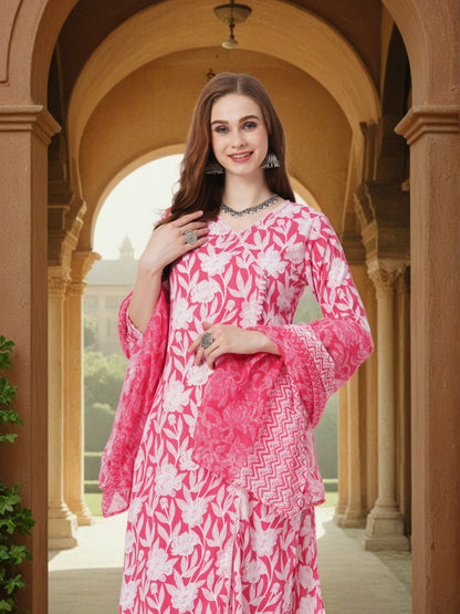 Ethnic Floral Printed Paneled Straight Kurta with Palazzo & Dupatta - Pink