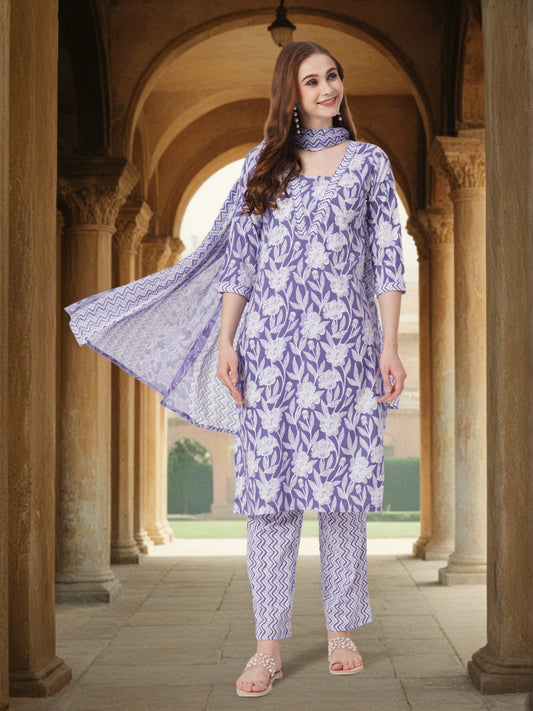 Floral Printed & Kantha Embroidered Straight Kurta with Pant & Dupatta - Purple