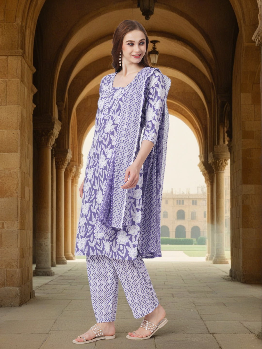 Floral Printed & Kantha Embroidered Straight Kurta with Pant & Dupatta - Purple
