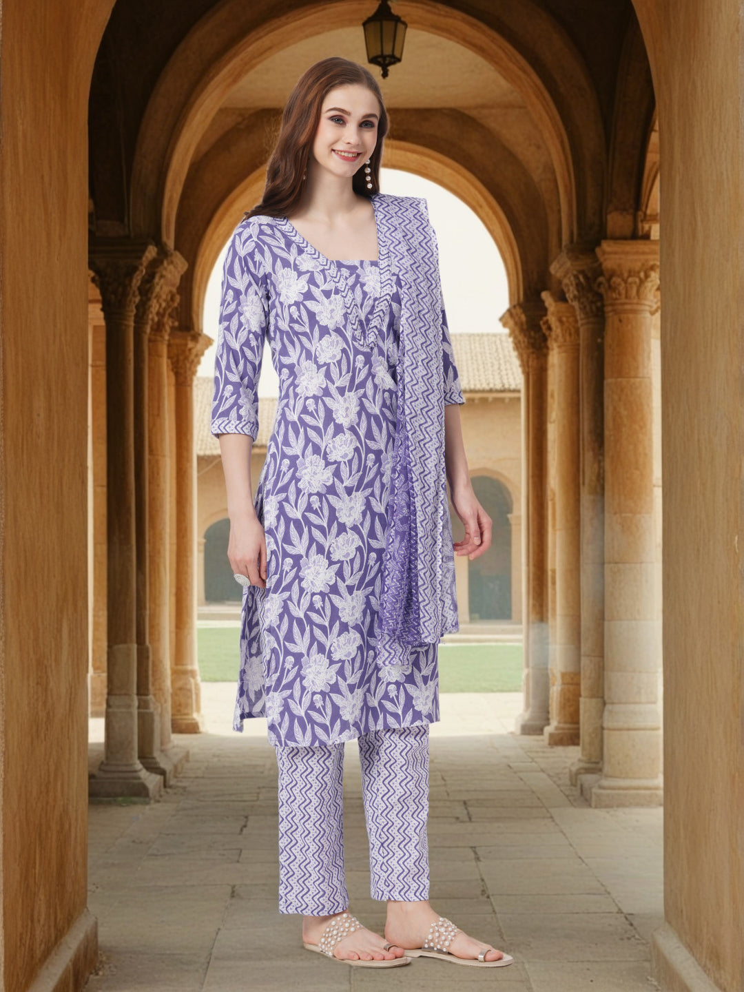 Floral Printed & Kantha Embroidered Straight Kurta with Pant & Dupatta - Purple