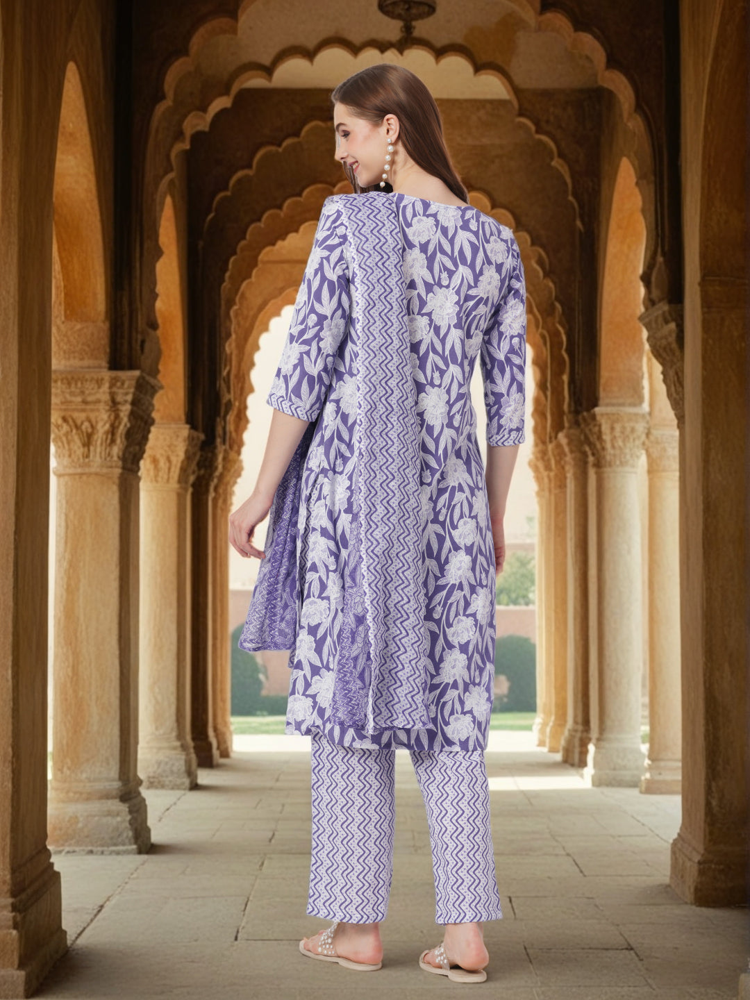 Floral Printed & Kantha Embroidered Straight Kurta with Pant & Dupatta - Purple