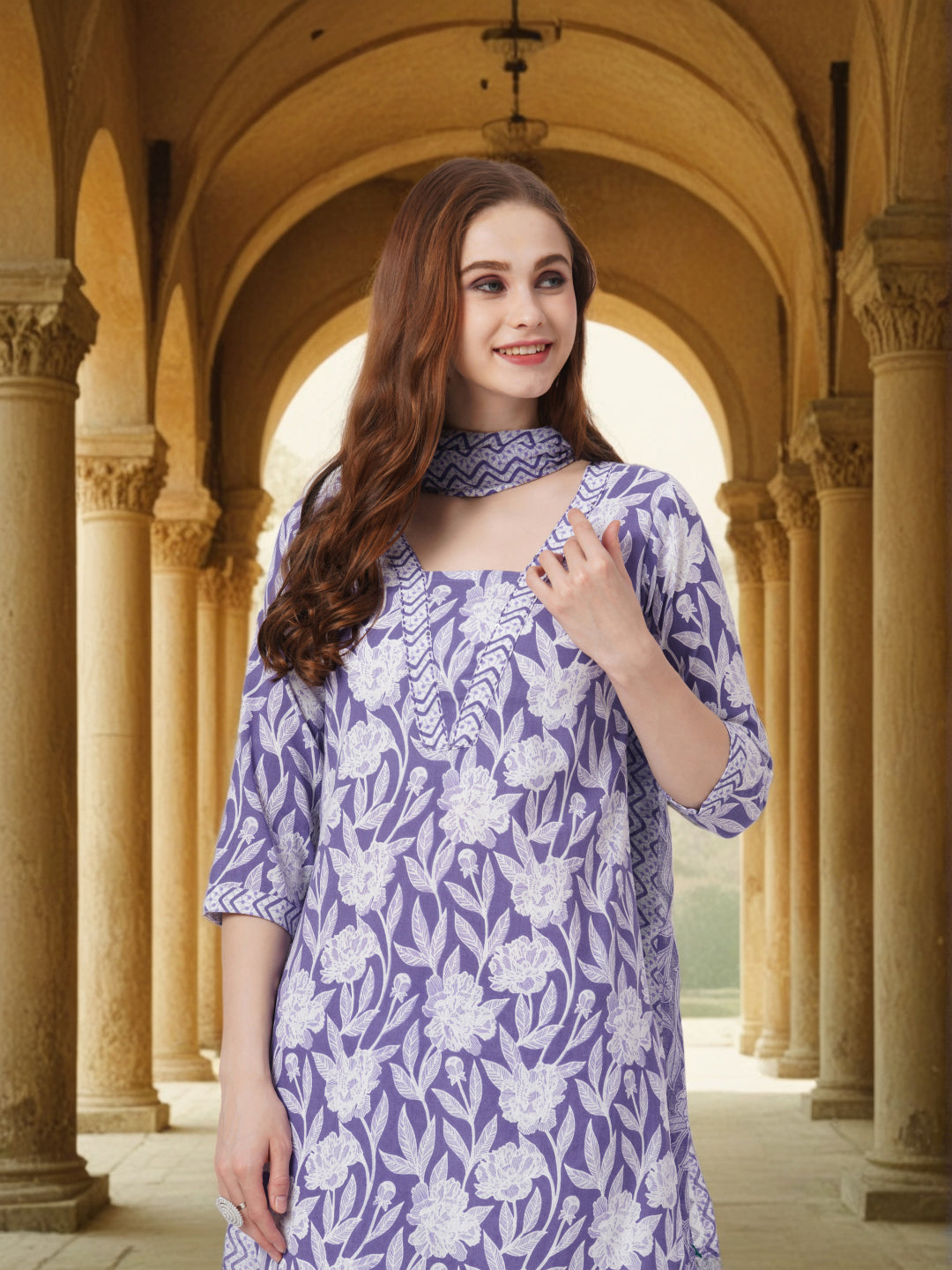 Floral Printed & Kantha Embroidered Straight Kurta with Pant & Dupatta - Purple