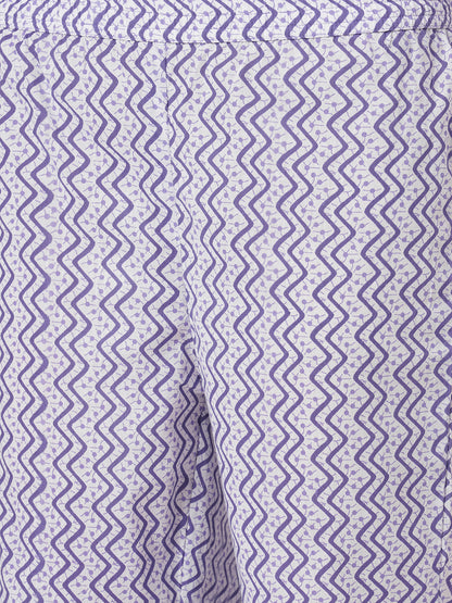 Floral Printed & Kantha Embroidered Straight Kurta with Pant & Dupatta - Purple