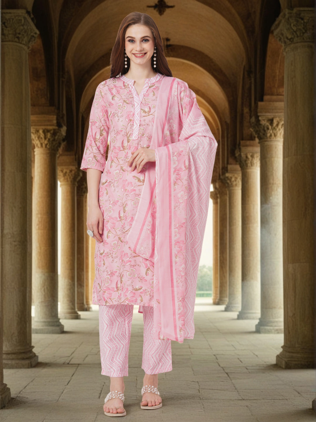 Floral Printed & Embroidered Straight Kurta with Pant & Dupatta - Pink